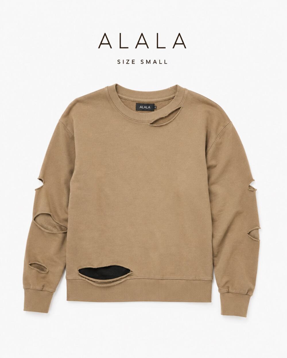 ALALA Cypher Distressed Sweatshirt Small Tan Cutout Pullover Athleisure